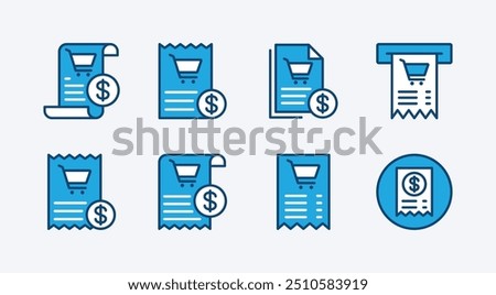 Set of receipt, invoice and shopping bill icon. Containing payment confirmation, transaction, purchase, financial record, accounting, sale, paid, buying, bought, order. Vector illustration