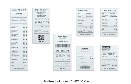 Set Of Receipt Records, Design Template Of Bill ATM, Paper Financial Check For Mockup. Realistic Payment Paper Bills For Cash Or Credit Card Transaction.