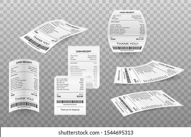 Set Receipts vector illustration of realistic payment paper bills for cash or credit card transaction. Vector stock illustration.