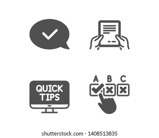 Set of Receive file, Approved message and Web tutorials icons. Correct checkbox sign. Hold document, Accepted chat, Quick tips. Answer.  Classic design receive file icon. Flat design. Vector