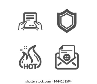 Set of Receive file, Hot sale and Security icons. Smile sign. Hold document, Shopping flame, Protection shield. Positive mail.  Classic design receive file icon. Flat design. Vector