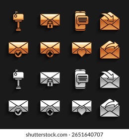 Definir conceito de mensagem recebida, Envelope, E-mails enviados, com coração de Valentim, e marca de seleção, Bate-papo mensagens telefone notificação, caixa de correio e ícone de senha de bloqueio. Vetor