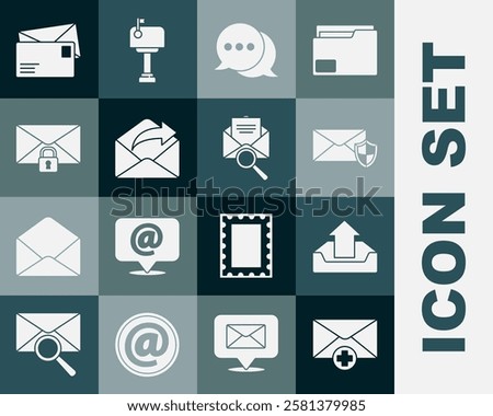 Set Received message concept, Upload inbox, Envelope with shield, Speech bubble chat, Outgoing mail, Mail lock password,  and magnifying glass icon. Vector