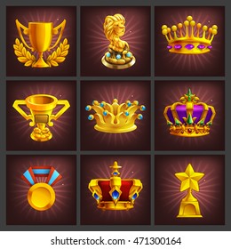 Set of receiving the cartoon golden trophies, medals, award and achievements game screen. Vector illustration.