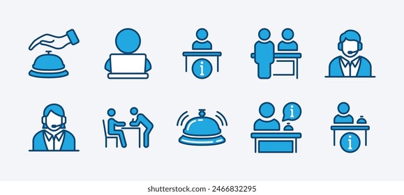 Set of reception desk icon. Containing receptionist, hotel bell, customer service, counter, information, registration, reservation, staff, guest, client, assistance, cashier. Vector illustration