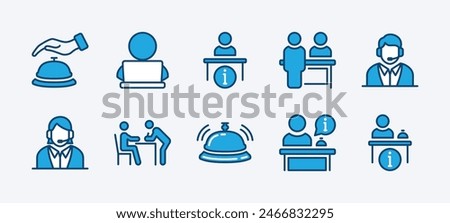 Set of reception desk icon. Containing receptionist, hotel bell, customer service, counter, information, registration, reservation, staff, guest, client, assistance, cashier. Vector illustration