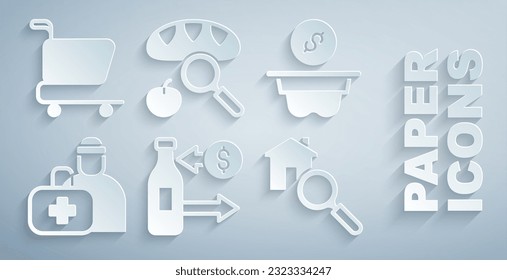 Set Reception of glass bottles, Donation money, First aid kit, Search house, Searching for food and Shopping cart icon. Vector