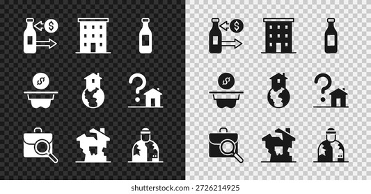 Set Reception of glass bottles, Multi storey building, Bottle water, Work search, Ruined house, Homeless, Donation money and Shelter for homeless icon. Vector