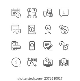 Set of reception related icons, information, journey path, guide book, info center, faq chat bubbles, info help desk, question mark, search information and linear variety vectors.