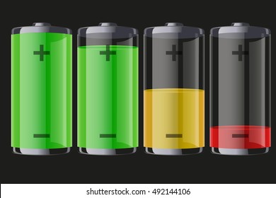 Set of rechargeable batteries with indication level of full charge to low. Editable Vector illustration Isolated on dark background.