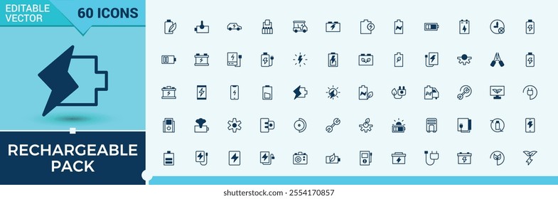 Set of Rechargeable Pack line icons. Containing industry, charging, eco, minus, station, electrical, interface and more. Simple icon designs. Solid line editable stroke. Vector line and solid icons.