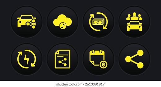 Set Recharging, Car sharing, Share file, Financial calendar, Refund money and Music streaming service icon. Vector
