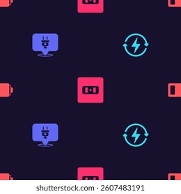 Set Recharging, Electric plug, Electrical outlet and Battery on seamless pattern. Vector