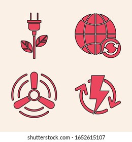 Ajuste Recargar, Tapón de ahorro eléctrico en hoja, Planeta tierra y un icono de reciclaje y turbina eólica. Vector