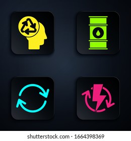 Set Recharging, Human head with recycle, Refresh and Oil barrel line. Black square button. Vector
