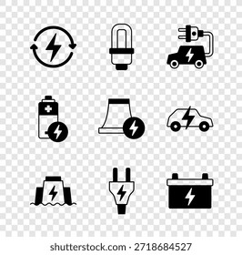Conjunto de recarga, bombilla led, coche eléctrico, presa hidroeléctrica, enchufe, batería de coche, batería e icono de la central nuclear. Vector