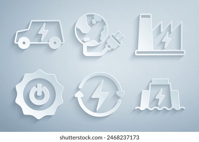 Set Recharging, Nuclear power plant, Power button, Hydroelectric dam, Global energy planet and Electric car icon. Vector