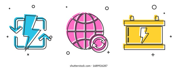 Set Recharging, Planet earth and a recycling and Car battery icon. Vector