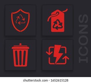 Establecer Recarga, Símbolo de reciclaje dentro del escudo, Etiqueta con símbolo de reciclaje e icono de la barra. Vector