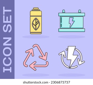 Set Recharging, Recycling plastic bottle, Recycle symbol and Car battery icon. Vector