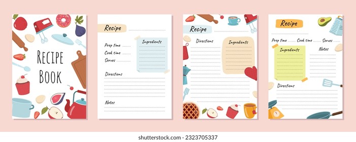 Set of recipe book pages concept. Ingredients and recipes. Cooking tutorials and instructions. Place for notes and notepad. Posters or banners. Flat vector collection isolated on pink background