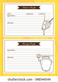 Set of recipe cards with hand drawn illustrations. Glass jar and bee honey drops closeup with wooden dipper and strawberry in graphical style.