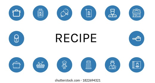 Set of recipe icons. Such as Pot, Mayonnaise, Arepas, Chef, Pharmacy, Nachos, Cook, Grater, Soup, Tomato, Cooking pot , recipe icons