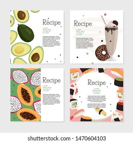 Set of recipe template cards. Few kinds of dishes - with fruits, sweet and sushi cuisine.