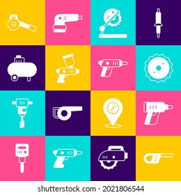 Set Reciprocating saw, Electric cordless screwdriver, Circular blade, Table for woodwork, Paint spray gun, Air compressor, Leaf garden blower and  icon. Vector
