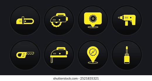 Definir serra de circulação, máquina de furadeira elétrica, quebra-cabeça, lâmina circular, circular, chave de fenda e ícone de motosserra. Vetor