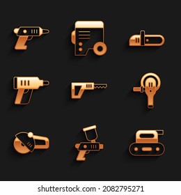 Set Reciprocating saw, Paint spray gun, Electric planer tool, Angle grinder, cordless screwdriver, Chainsaw and  icon. Vector