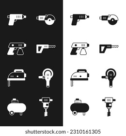 Set Reciprocating saw, Paint spray gun, Electric cordless screwdriver, Angle grinder, jigsaw, Electrical hand concrete mixer and Air compressor icon. Vector