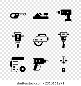 Set Reciprocating saw, Wood plane tool, Electric cordless screwdriver, Power electric generator, Electrical hand concrete mixer, Construction jackhammer and circular icon. Vector