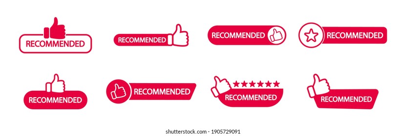 Set of Recommend icon. Banner recommended with thumb up. Red label. Best brend. Emblem. Vector illustration. Eps 10