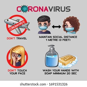 Set of recommendations for epidemic of coronavirus. Don't travel. Social distance. Don't touch your face. Wash your hands with soap. Vector illustration.