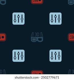 Set Record button, 3D cinema glasses and Sound mixer controller on seamless pattern. Vector
