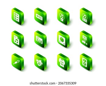 Set Record button, Play in square, Music note, tone, recording studio, player, Drum machine, T-shirt and Speaker volume icon. Vector