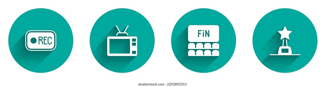 Set Record button, Retro tv, Cinema auditorium with screen and Movie trophy icon with long shadow. Vector