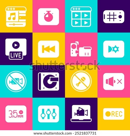 Set Record button, Speaker mute, Music video settings, playlist, Rewind, Live stream, player and Cinema camera icon. Vector