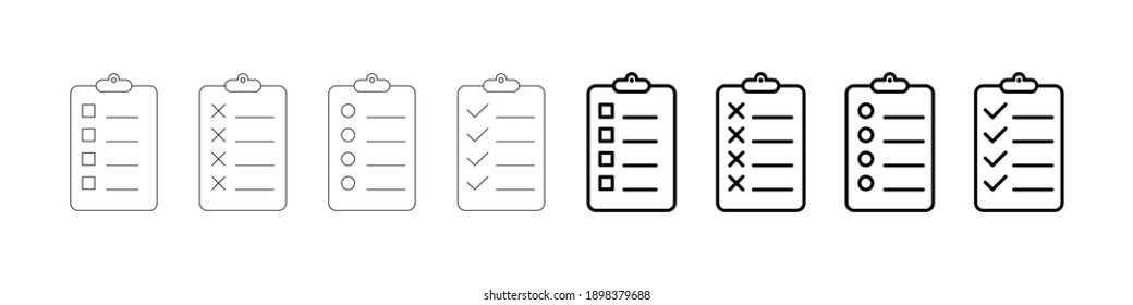 Set of record checklist paper. Business work check and resume document icon. Premium thin line vector illustrator EPS 10.