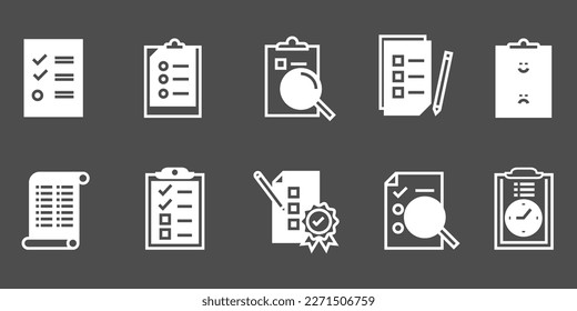 Conjunto de papeles de la lista de comprobación de registros. Icono de comprobación de trabajo empresarial y reanudación del documento. Ilustrador de vector de línea delgada premium
