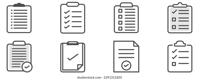 Set of record checklist paper. Business work check or to-do-list document icon. Premium thin line vector illustrator.