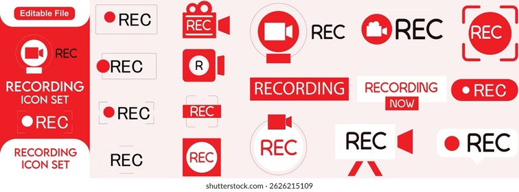 Conjunto de ícones de registro, sinal de gravação, registro, não ou gravação proibida, conjunto de ícones de ilustração vetorial....