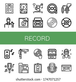 Set of record icons. Such as Diagnosis, Singer, Hard disk, Video, DJ, Magnetic tape, Vynil, Dubbing, Compact disc, Music, Microphone, Floppy disk, Dental record , record icons