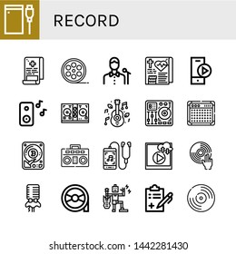 Set of record icons such as Hard drive, Medical report, Film roll, Singer, Medical record, Play button, Music, Disc jockey, Mixing table, Amplifier, Hard disk, Boombox , record