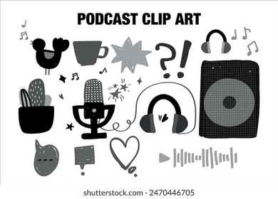 Set of record studio device. headphones, microphones, speaker. Concept of podcast, radio, broadcasting. Hand drawn vector illustration. Flat cartoon style clip art for music. Monochrome.