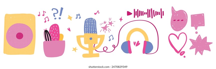 Set of record studio device. headphones, microphones, speaker. Concept of podcast, radio, broadcasting. Hand drawn vector illustration. Flat cartoon style clip art for music. Banner