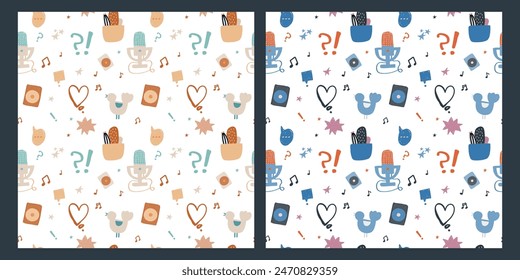 Set of record studio device. headphones, microphones, speaker. Concept of podcast, radio, broadcast. Seamless pattern. Design for decor. Hand drawn vector illustration. Wrapping paper or banner. 