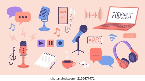 Set of record studio device. Laptop, headphones, microphones, speaker. Concept of podcast, radio, broadcasting. Hand drawn vector illustration isolated on light background. Flat cartoon style.