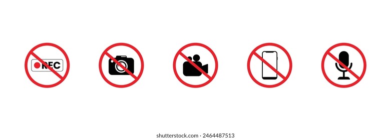 Set of recording forbidden icons. Prohibited No recording icon. Vector Illustration.